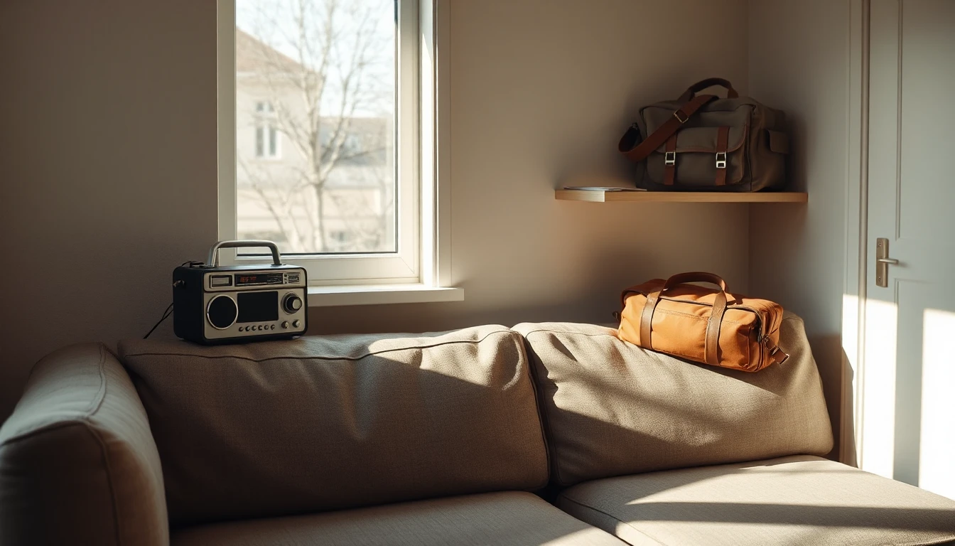 KI-Symbolbild: Kleine Wohnung mit Sofa, einem Radio am Fenster und einer orangefarbenen Reisetasche im Tageslicht.