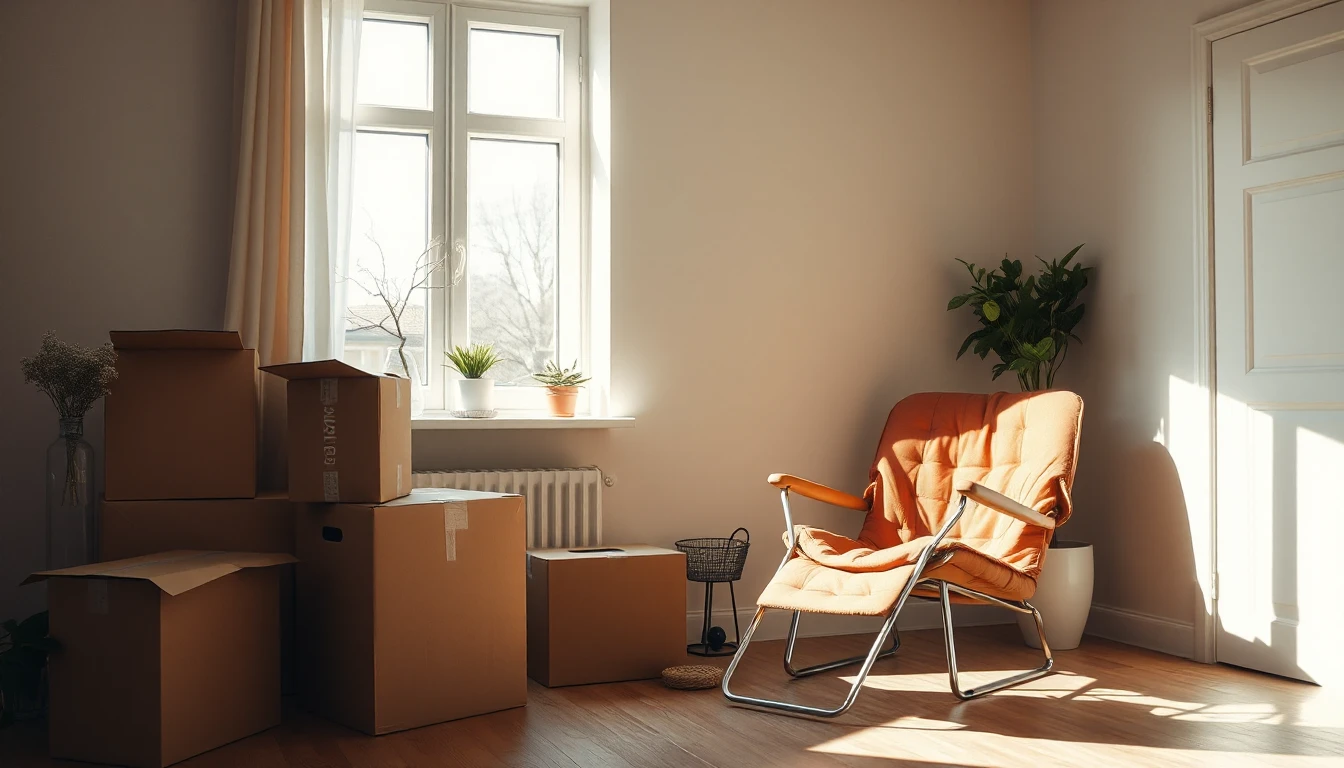 KI-Symbolbild: Helle Wohnung mit gestapelten Umzugskartons, einem orangefarbenen Sessel in der Sonne am Fenster und einer Zimmerpflanze.