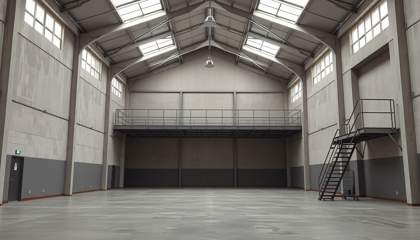 KI-Symbolbild: Leere helle Industriehalle mit hohem Mittelschiff und Dachoberlichtern, niedrigeren Seitenbereichen, einer Stahlgalerie mit Treppe und glattem Betonboden.