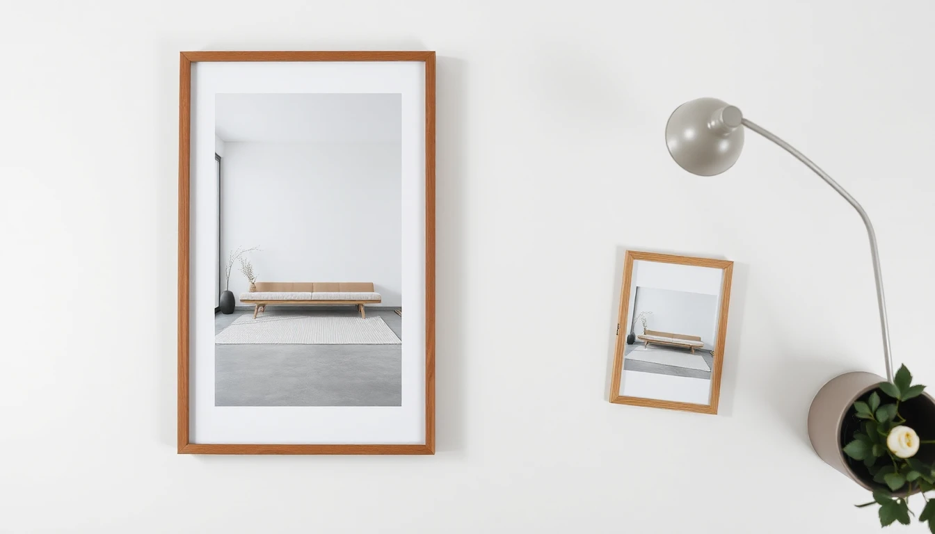 KI-Symbolbild: Ein großes und ein kleines Wandbild mit demselben hellen, leeren Wohnzimmer liegen nebeneinander auf einer hellen Fläche.
