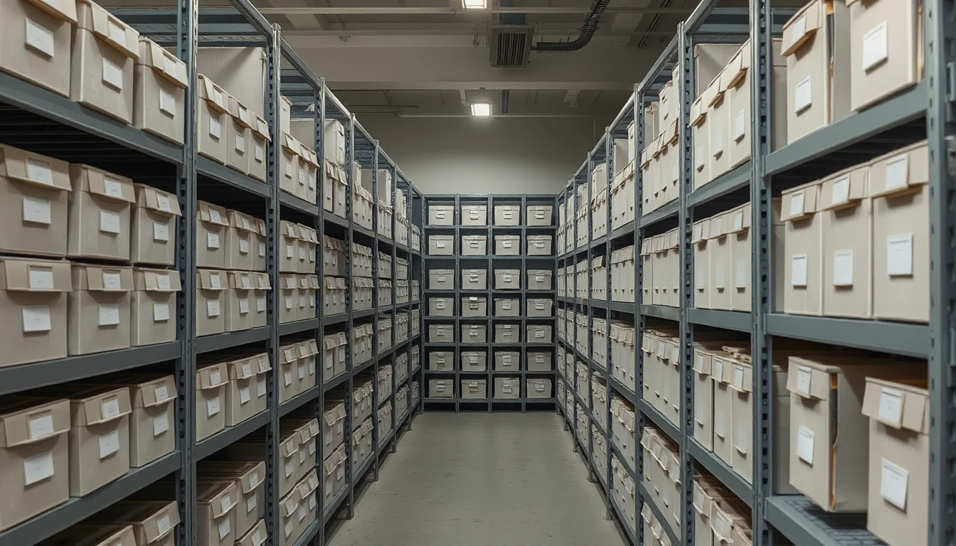 KI-Symbolbild: Archivraum mit grauen Metallregalen, die in langen Reihen mit einheitlichen hellen Archivkartons gefüllt sind.