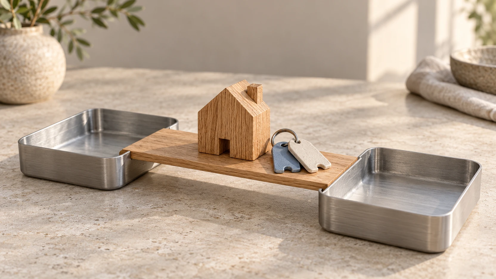 KI-Symbolbild: Hausmodell und zusammengehörige Materialmarken auf einem Holzsteg zwischen zwei Metallablagen.
