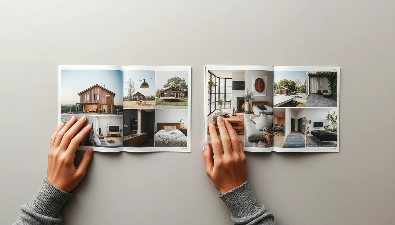 KI-Symbolbild: Draufsicht auf einem neutralen Tisch zwei aufgeschlagene Hefte mit gedruckten Immobilienfotos in unterschiedlicher Reihenfolge, daneben zwei Hände.