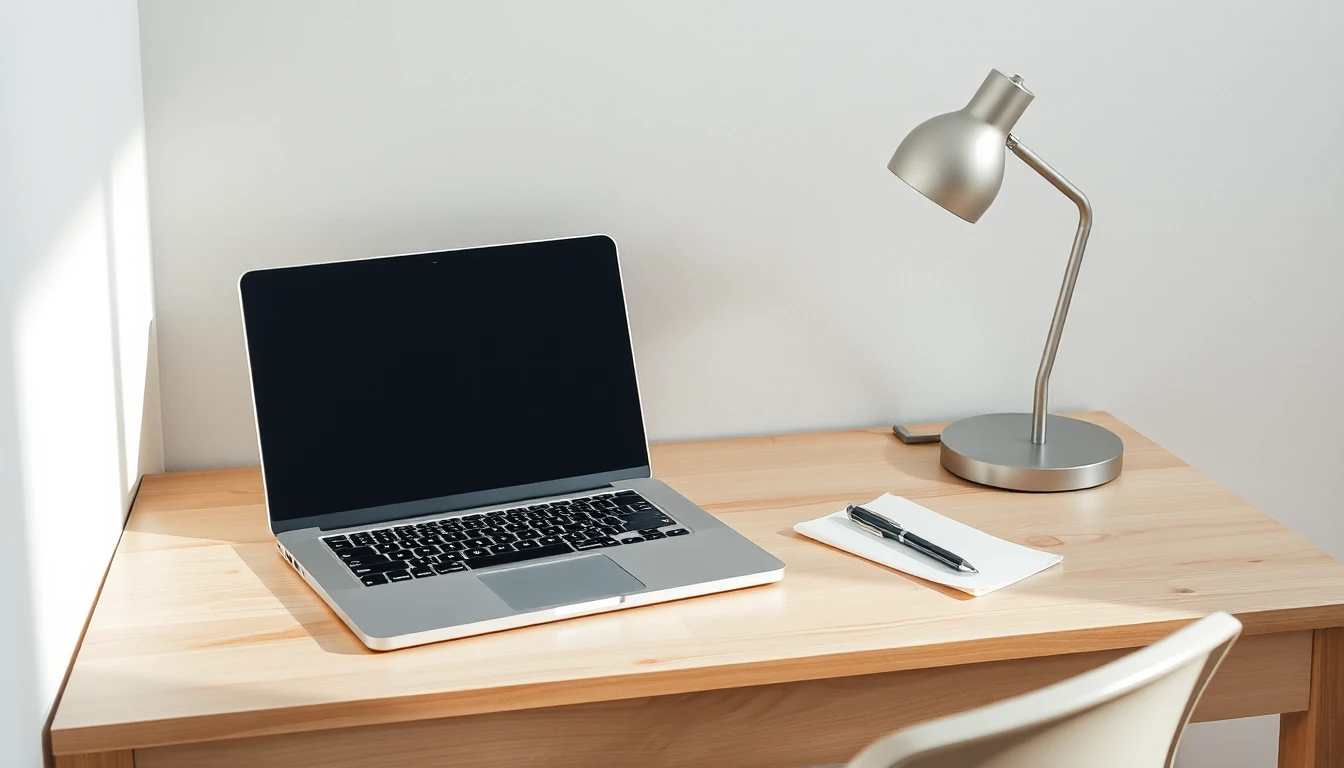 KI-Symbolbild: Heller Schreibtisch in einer ruhigen Arbeitsecke mit aufgeklapptem Laptop, Schreibunterlage mit Stift und einer Schreibtischlampe im Morgenlicht.