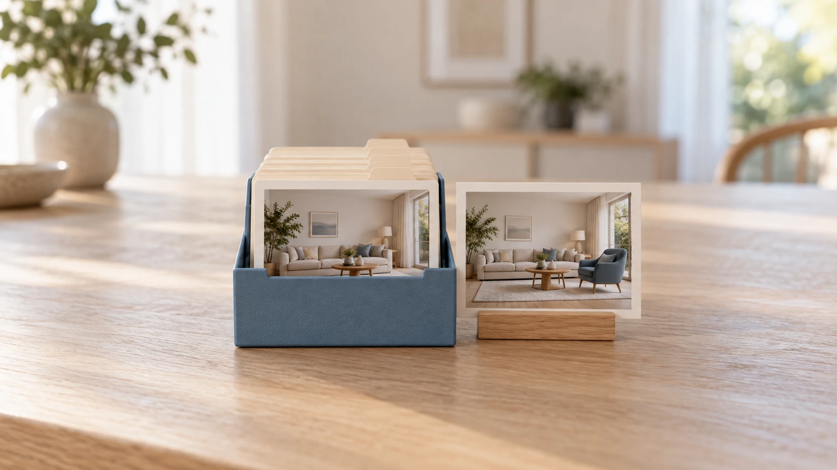 KI-Symbolbild: Ein unbeschrifteter Kartenindex enthält eine Fotokarte eines fiktiven Wohnraums; direkt daneben steht ein Foto des aktuellen Raumstands mit zusätzlichem blauem Sessel.