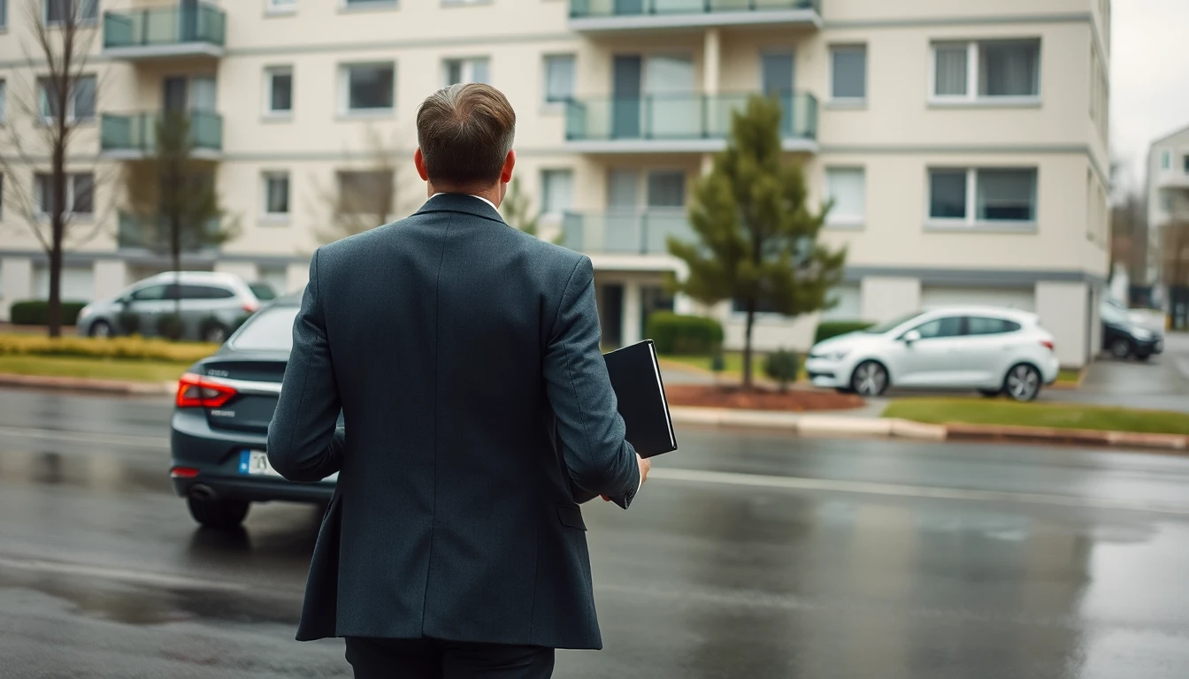 KI-Symbolbild: Ein Mann in dunklem Sakko mit schwarzer Mappe geht von hinten gesehen über eine nasse Straße auf ein modernes Wohnhaus zu, daneben parkt ein Auto.
