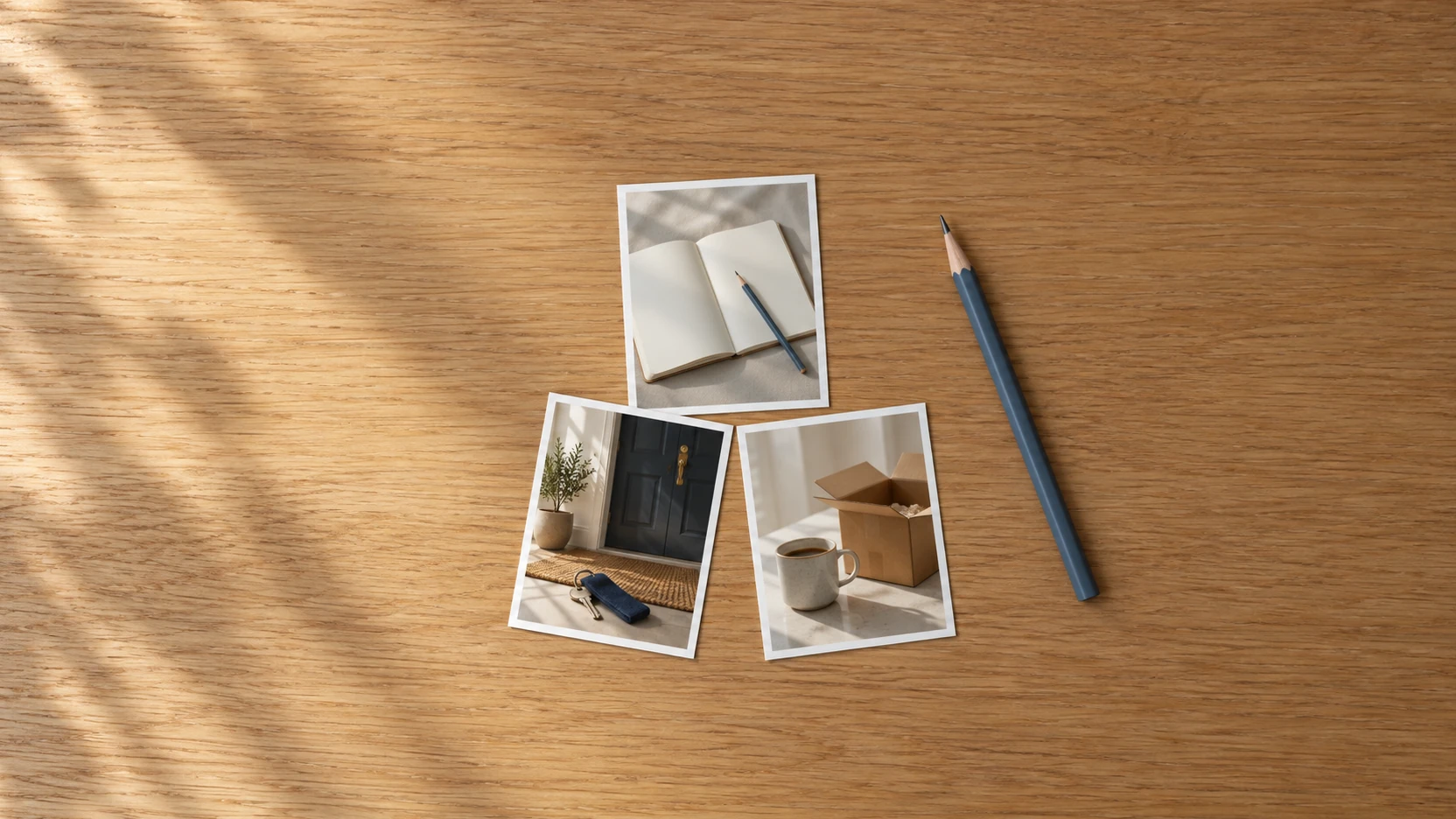KI-Symbolbild: Drei unbeschriftete Fotokarten auf einem Holztisch zeigen ein offenes Buch, einen Wohnungseingang mit Schlüssel sowie eine Keramiktasse mit Versandkarton.