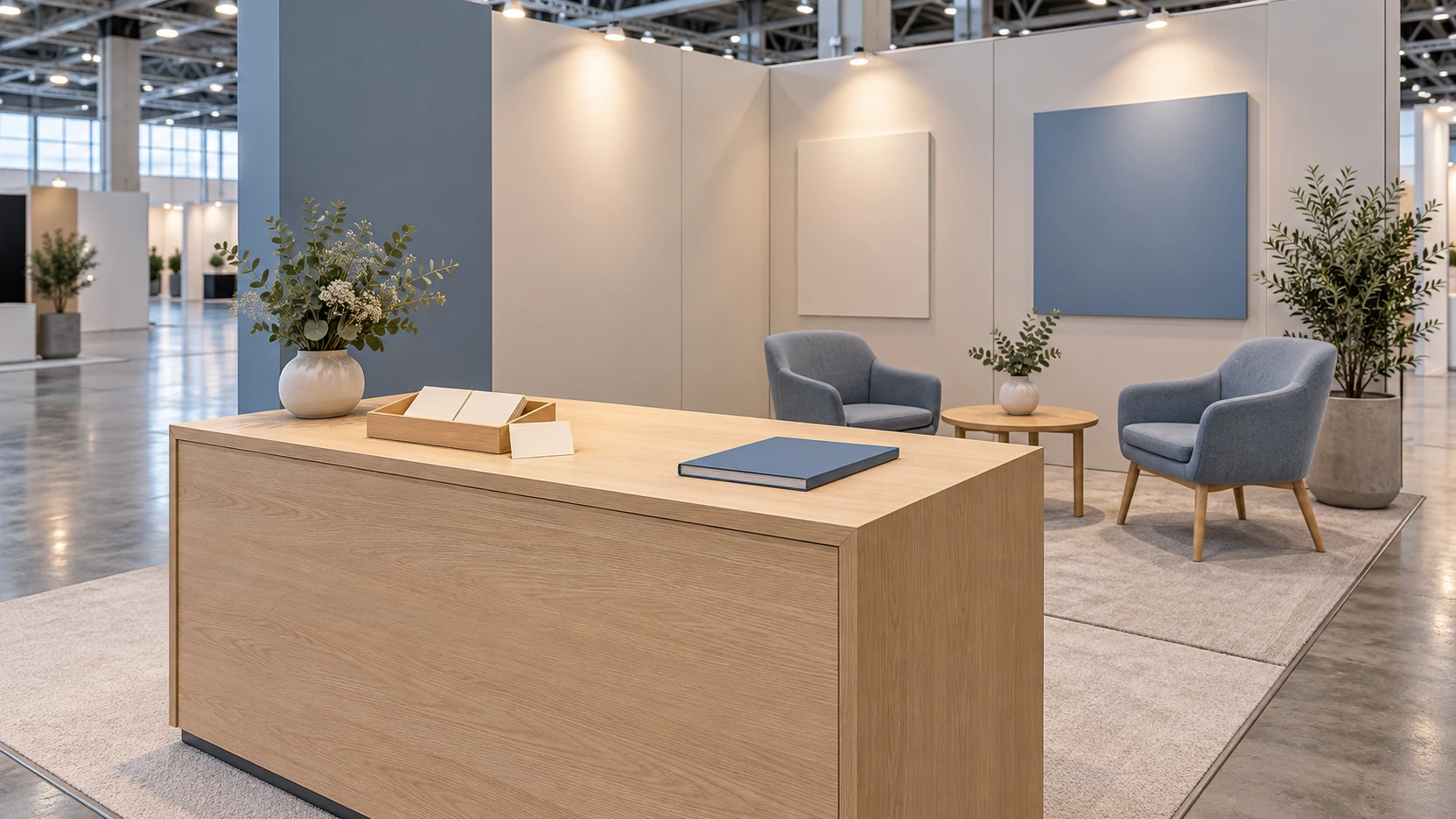 KI-Symbolbild: Leerer fiktiver Messestand mit frei zugänglichen blanken Mitnahmekarten auf einer Holztheke und einer offenen Sitzecke dahinter.